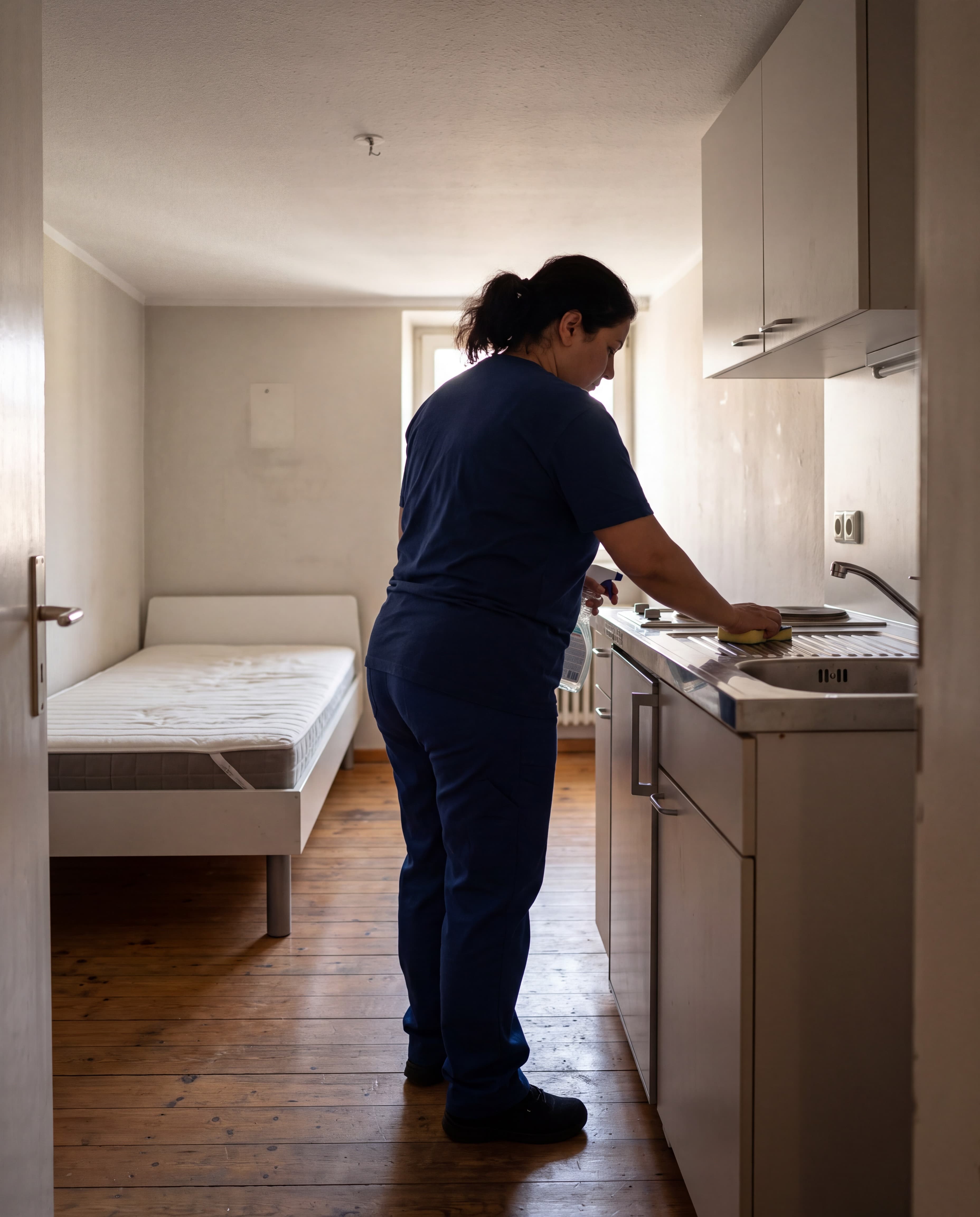 Eine Frau in blauer Kleidung reinigt eine Kuechenzeile mit einem Schwamm in einem Zimmer mit Bett