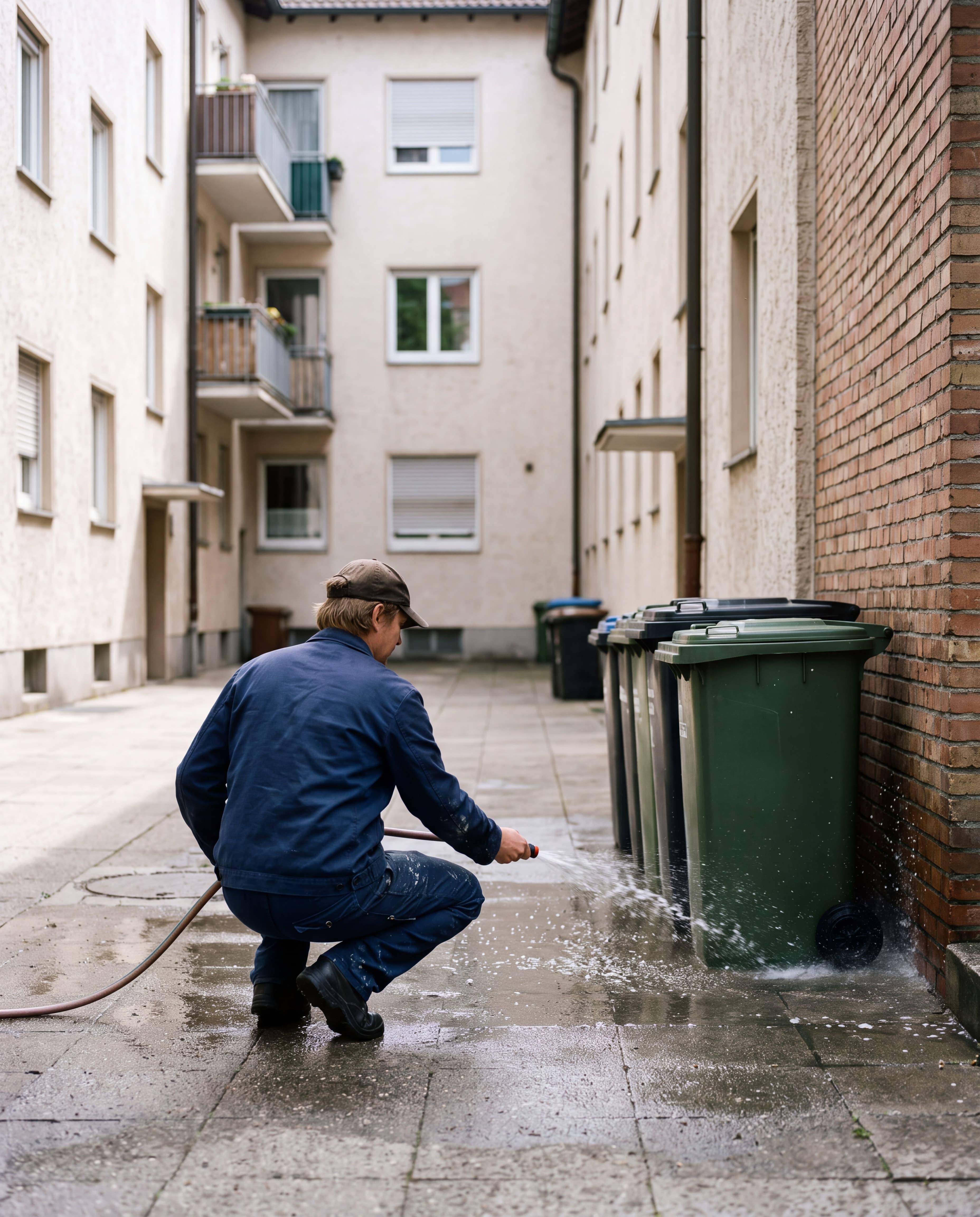 In einem Innenhof spritzt ein Mann in Arbeitskleidung Muelltonnen mit einem Wasserschlauch ab