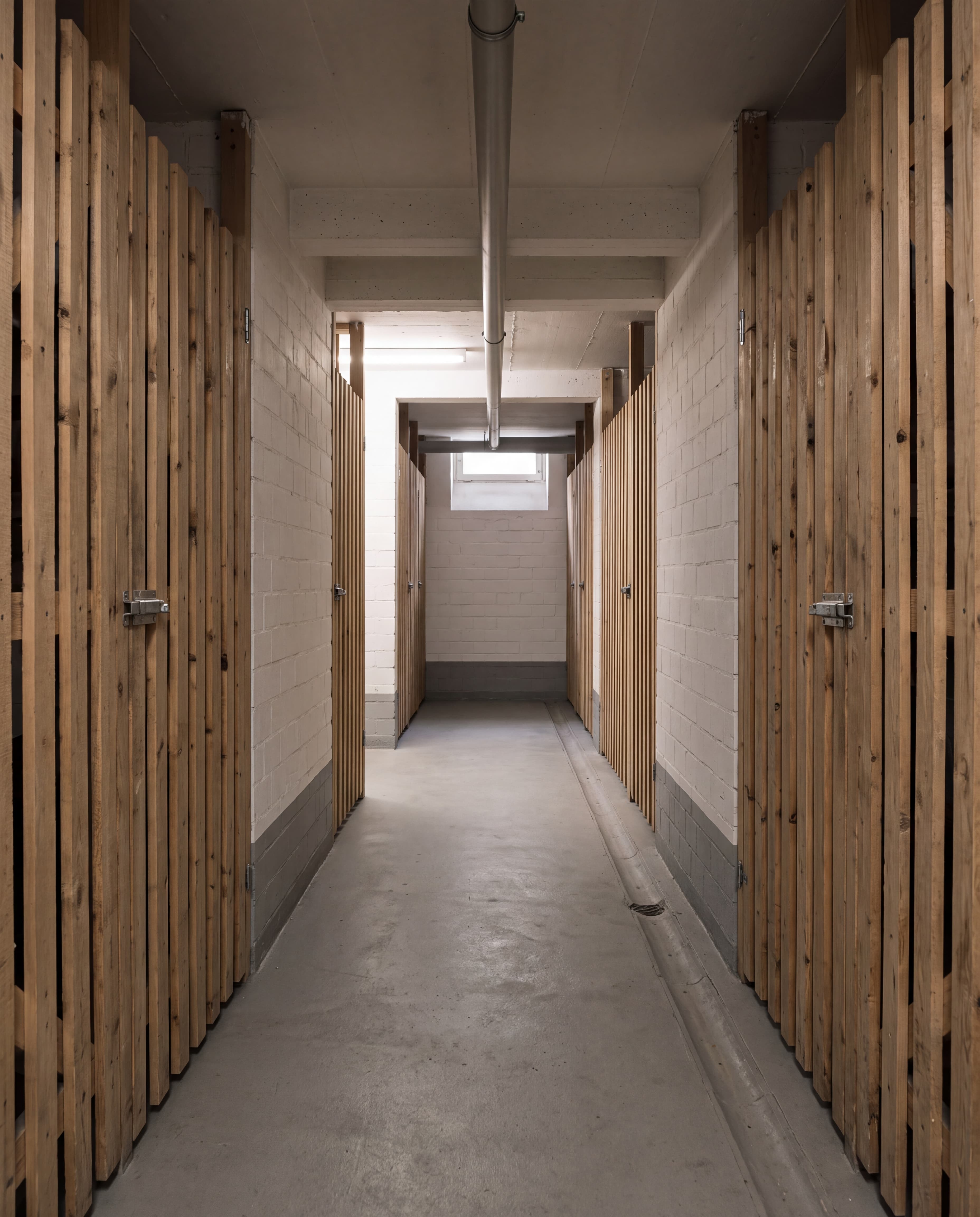 Langer Kellergang mit Lattenverschlägen zu beiden Seiten, grauem Estrichboden mit Rinne und einem Rohr, das unter der Decke durchläuft