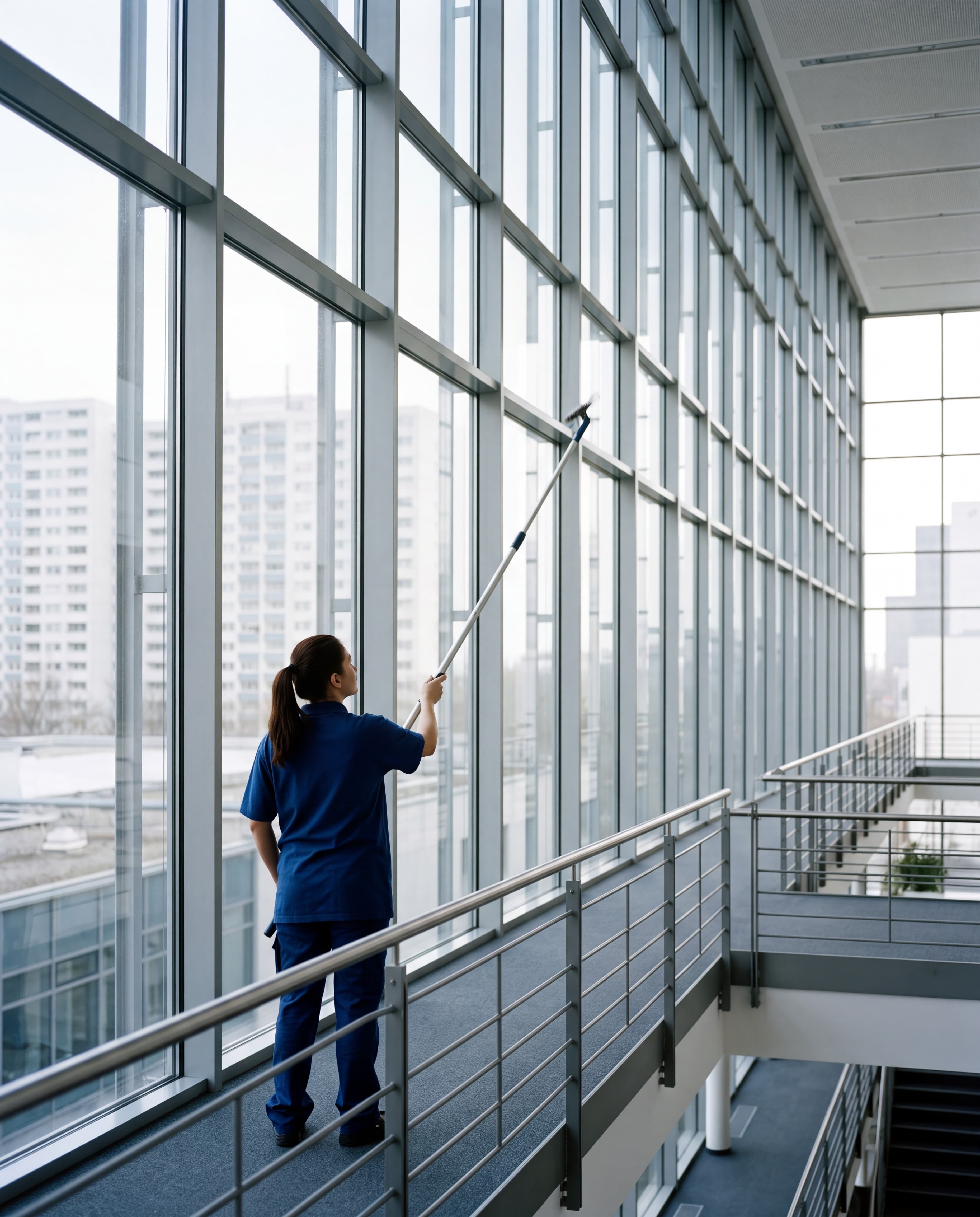 In einem Gebaeude reinigt eine Frau in blauer Kleidung eine hohe Glaswand mit einem Fensterwischer