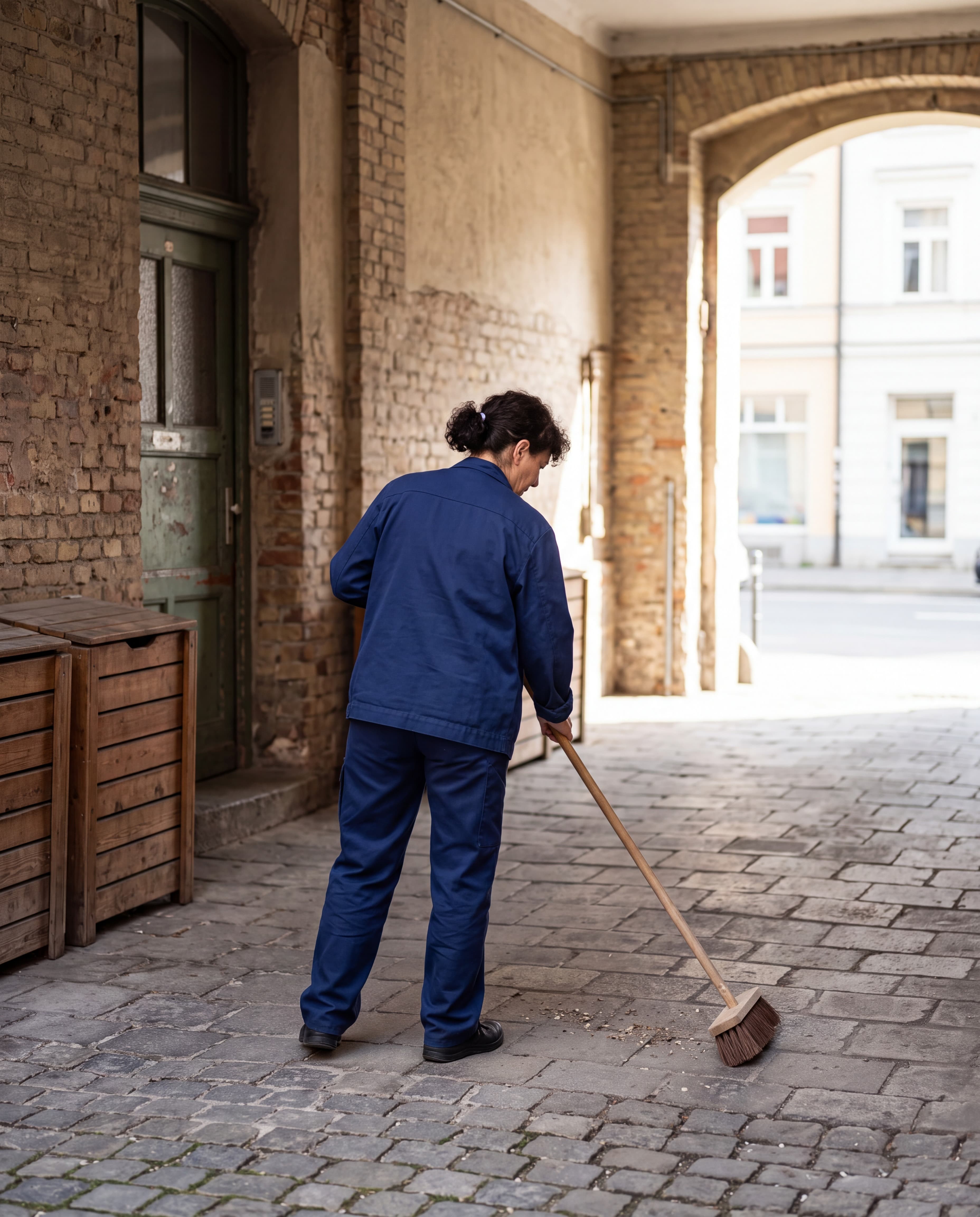 A woman in blue workwear sweeps the paved passageway near wooden crates with a broom