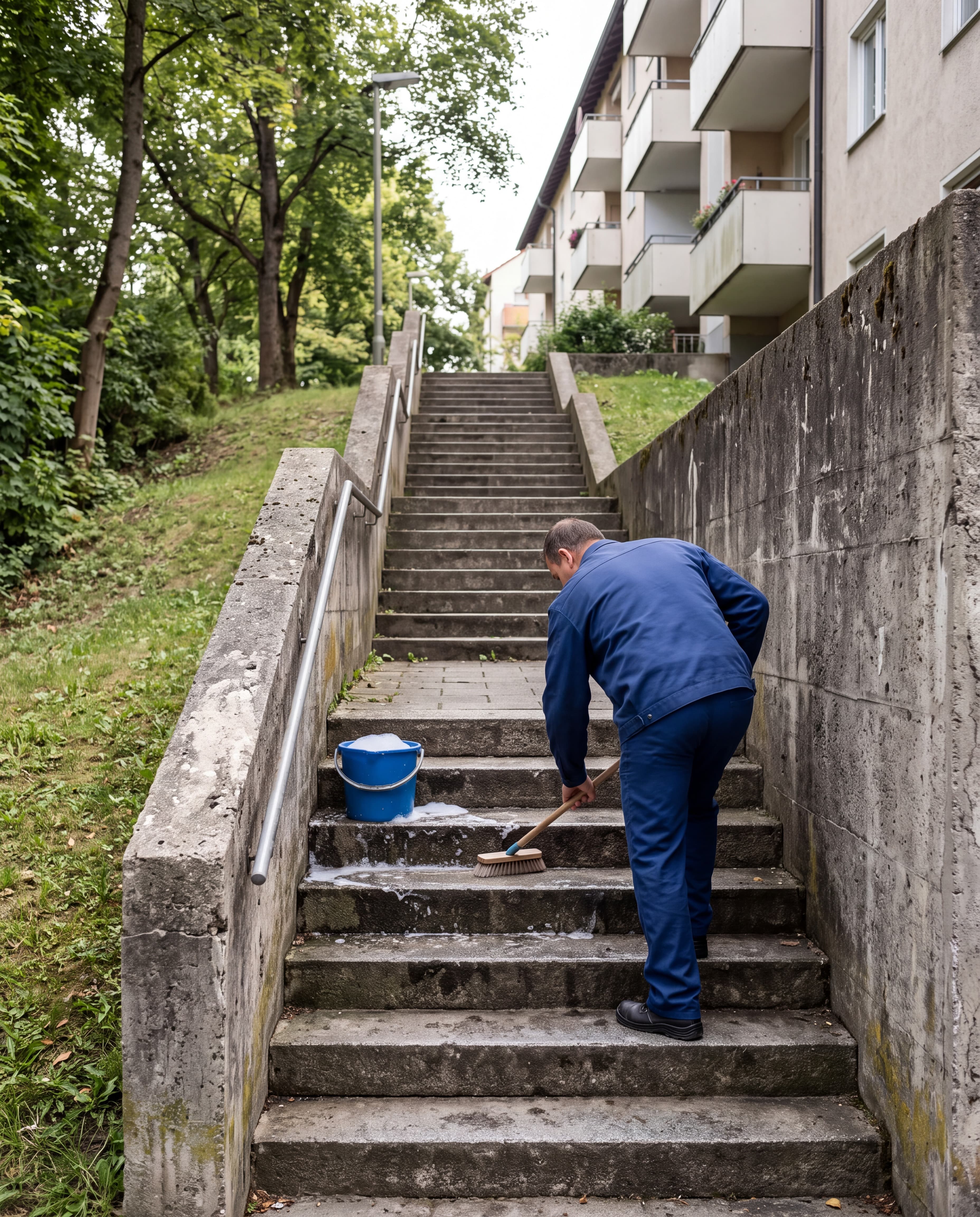 Ein Mann in blauer Kleidung schrubbt mit einer Buerste eine Aussentreppe neben einem blauen Eimer mit Schaum