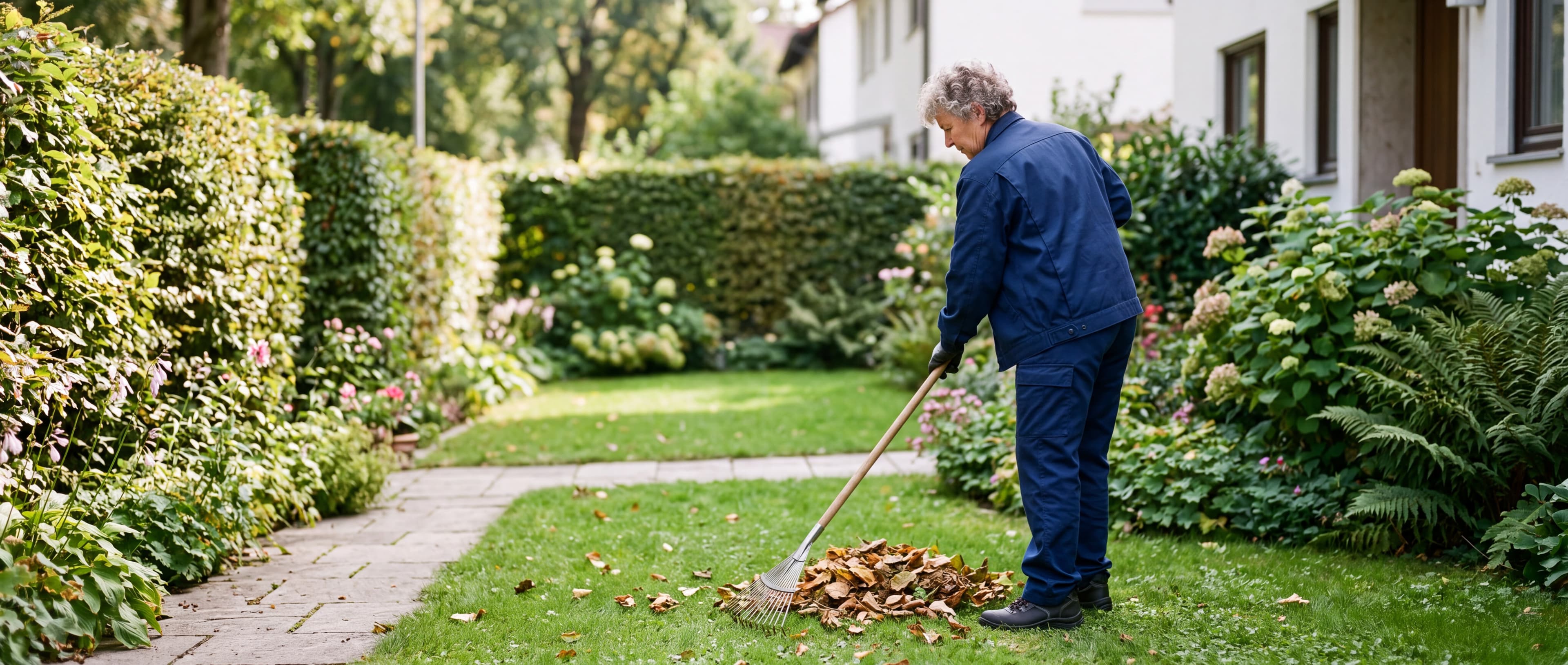 Eine Person in blauer Arbeitskleidung harkt Laub auf dem Rasen in einem Garten vor einem Haus