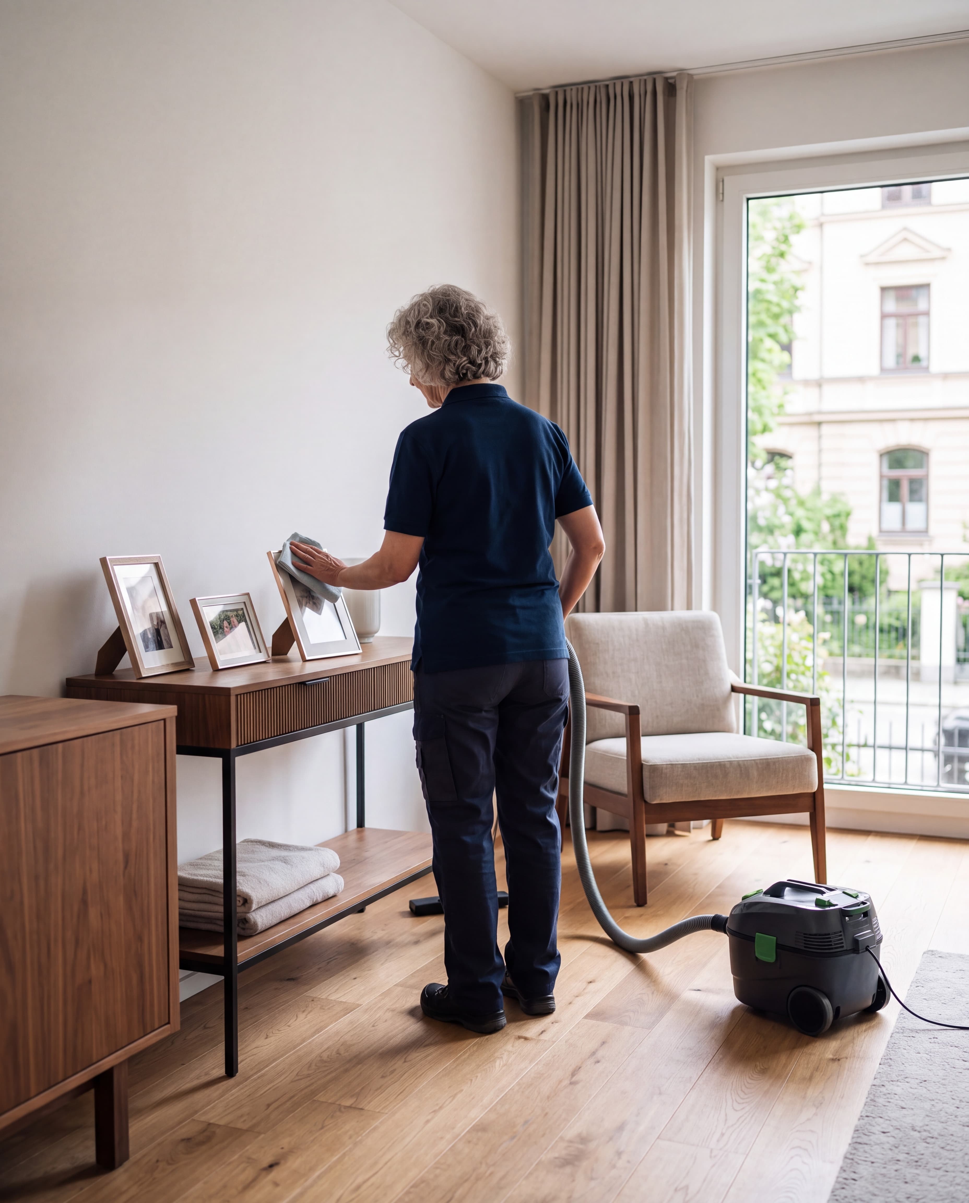 In einem Zimmer wischt eine Frau Bilderrahmen auf einem Tisch ab, neben einem Staubsauger
