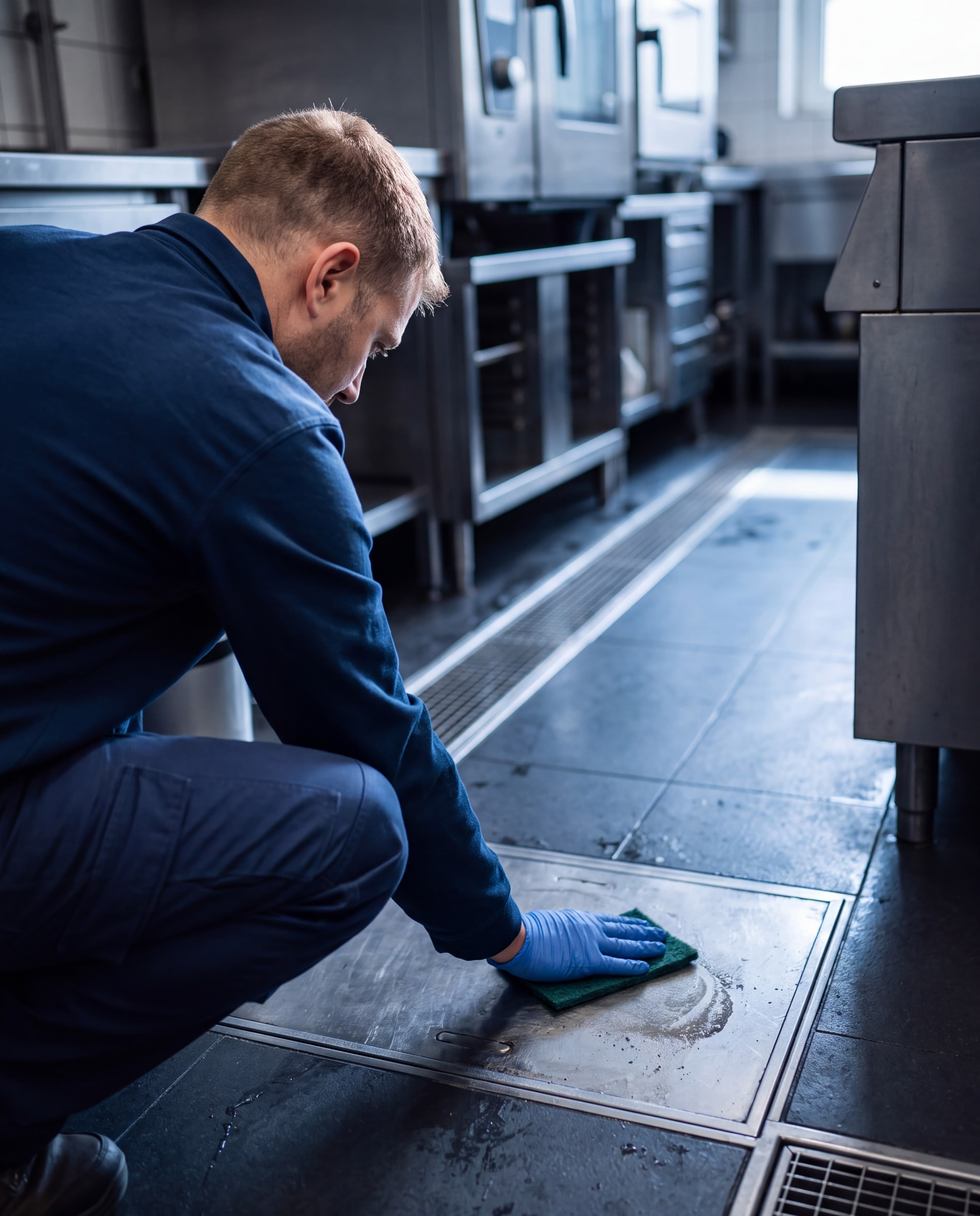In einer Kueche reinigt ein kniender Mann mit einem Schwamm eine Metallabdeckung auf dem Boden