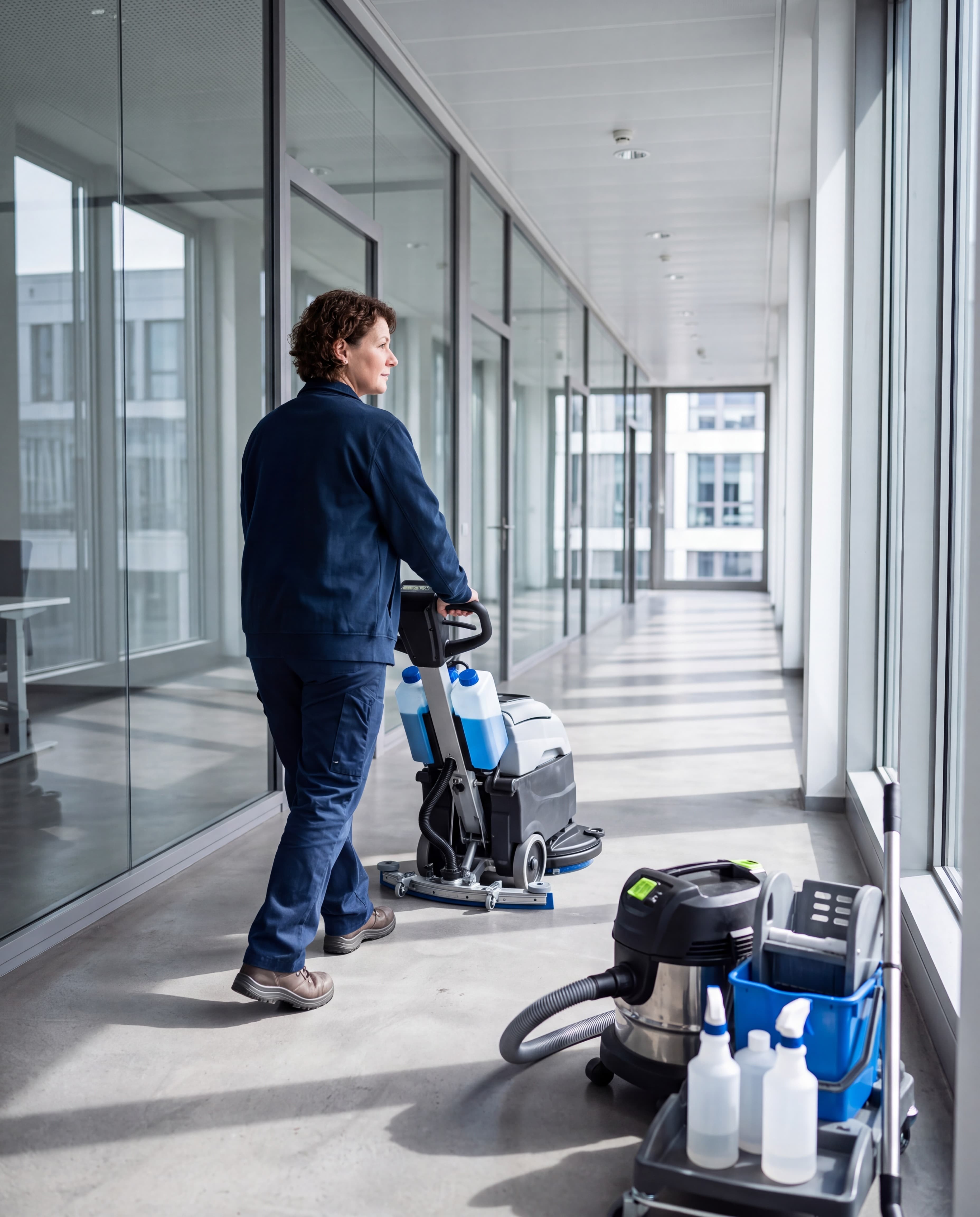 Eine Frau schiebt eine Reinigungsmaschine durch einen verglasten Flur neben weiteren Putzgeraeten