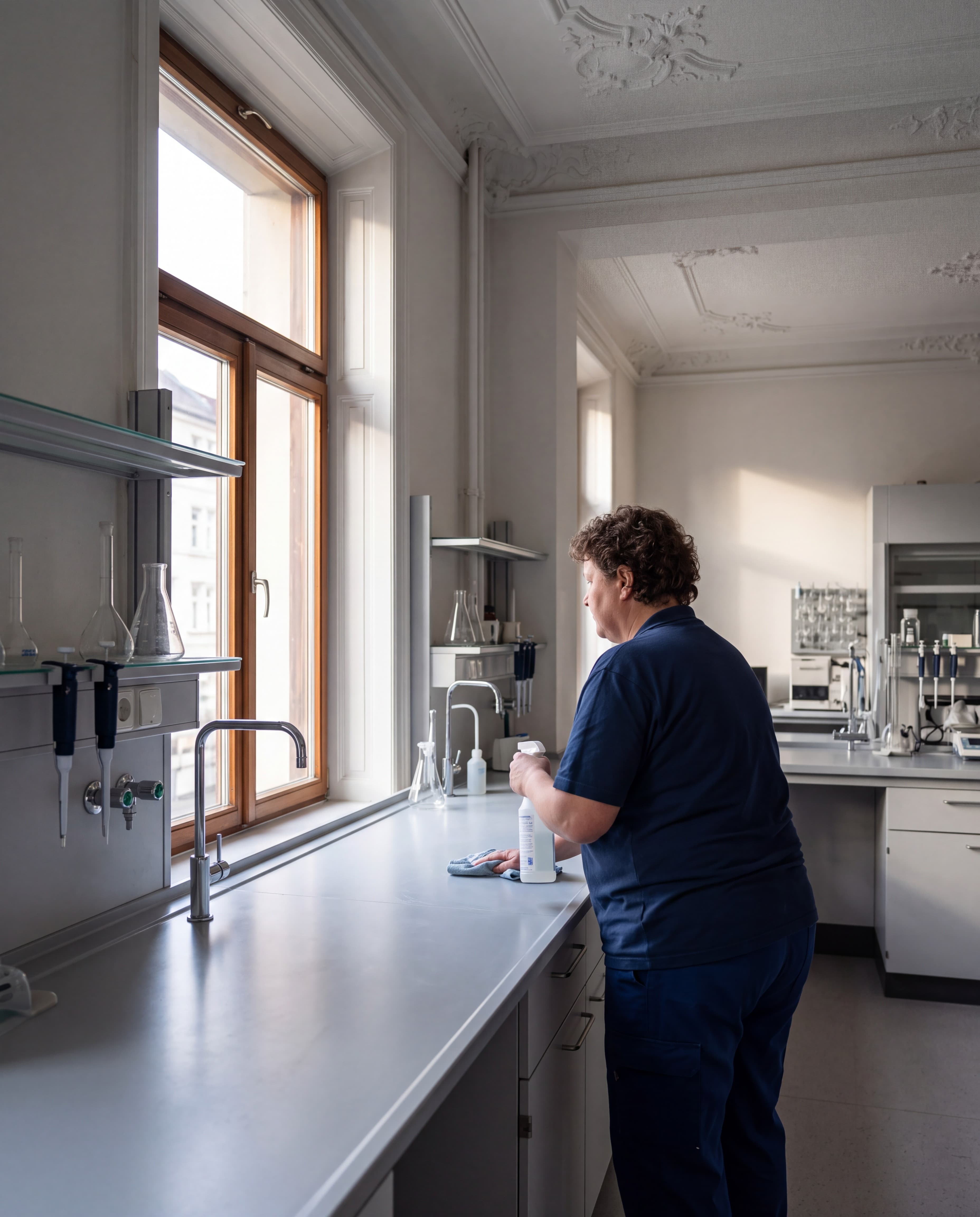 Eine Frau wischt eine Arbeitsflaeche in einem Labor mit einer Spruehflasche und einem Tuch ab