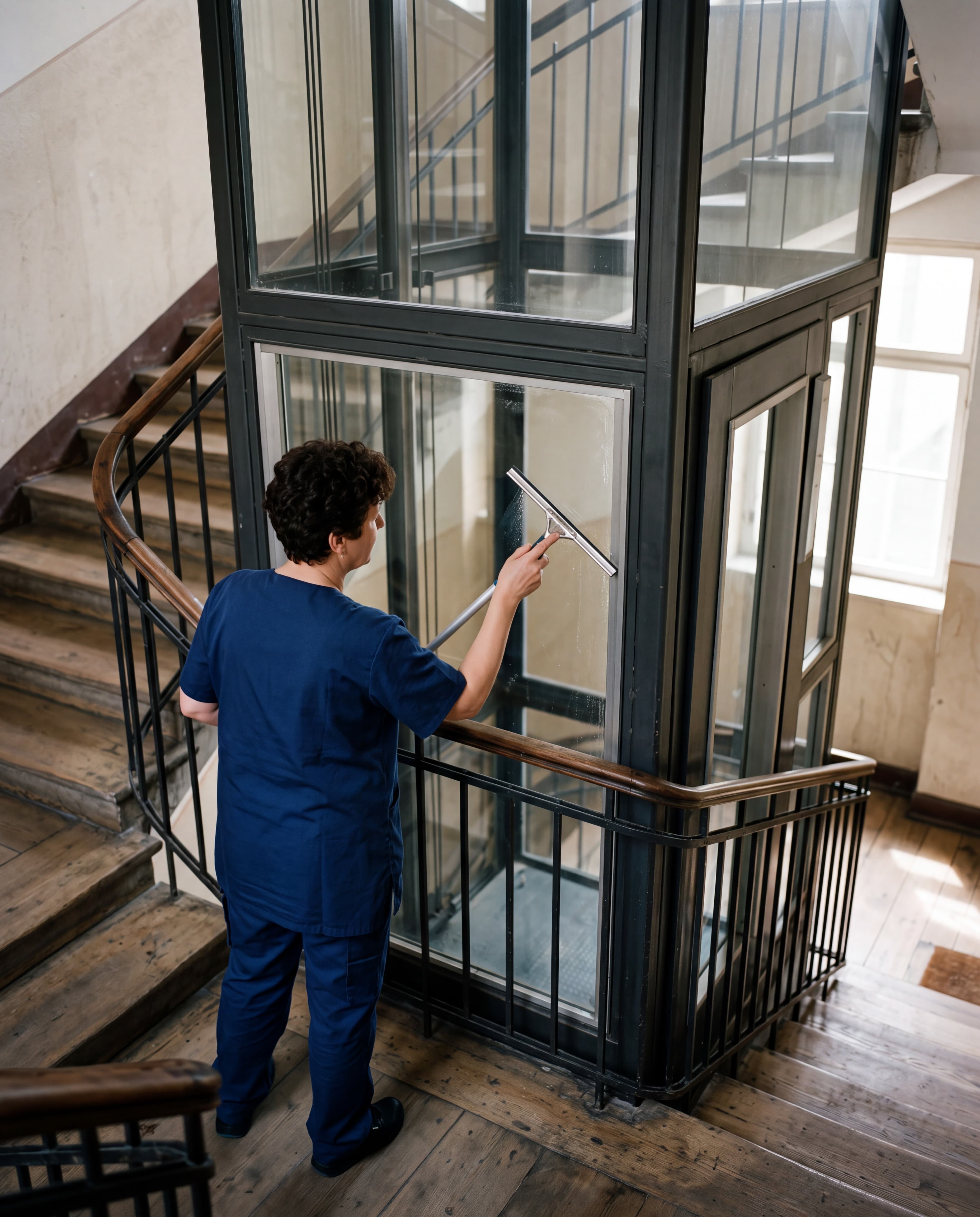Eine Frau in blauer Kleidung reinigt das Glas eines Aufzugs in einem Treppenhaus mit einem Abzieher