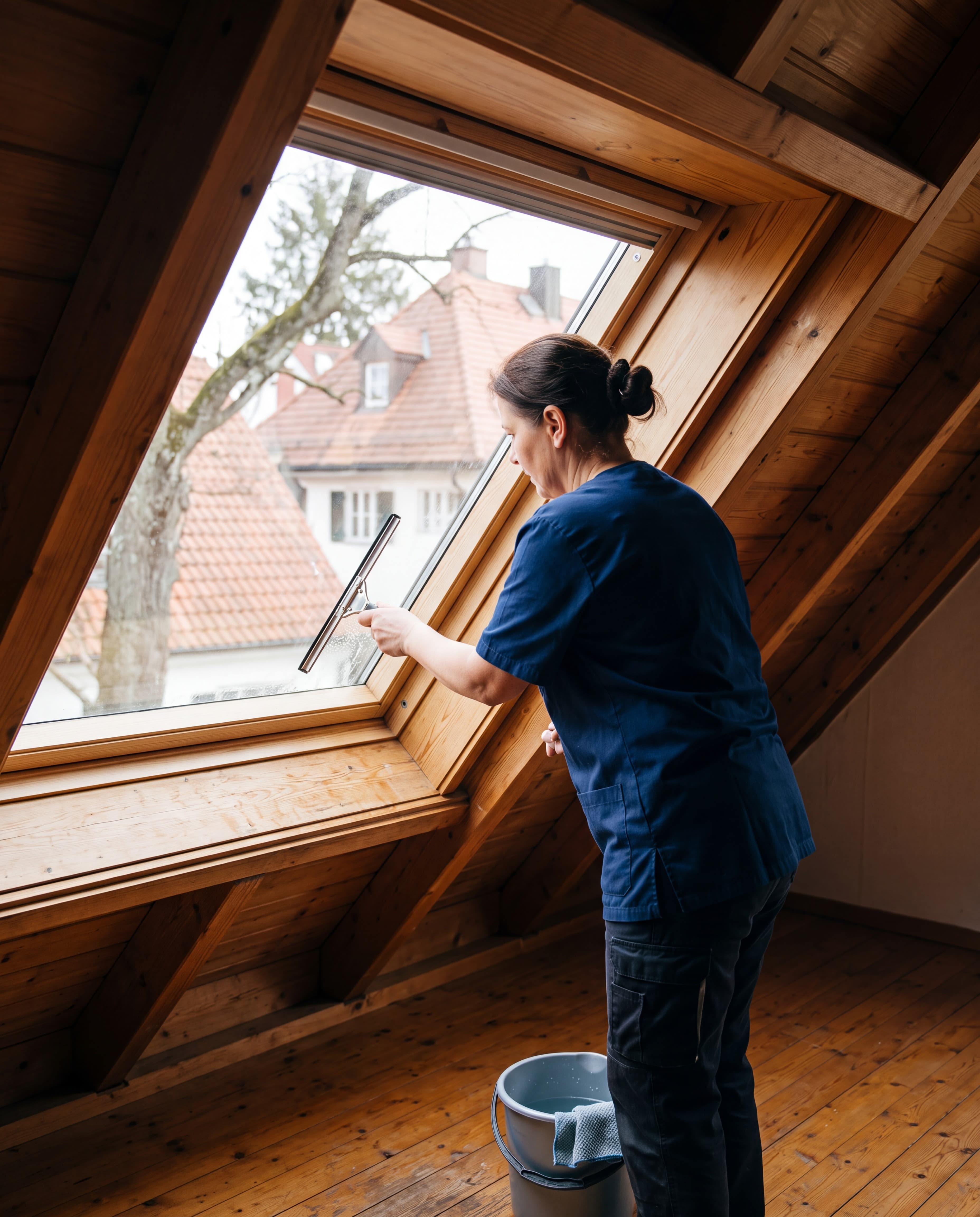 Eine Frau reinigt in einem hoelzernen Dachgeschoss ein Dachfenster mit einem Abzieher neben einem Eimer