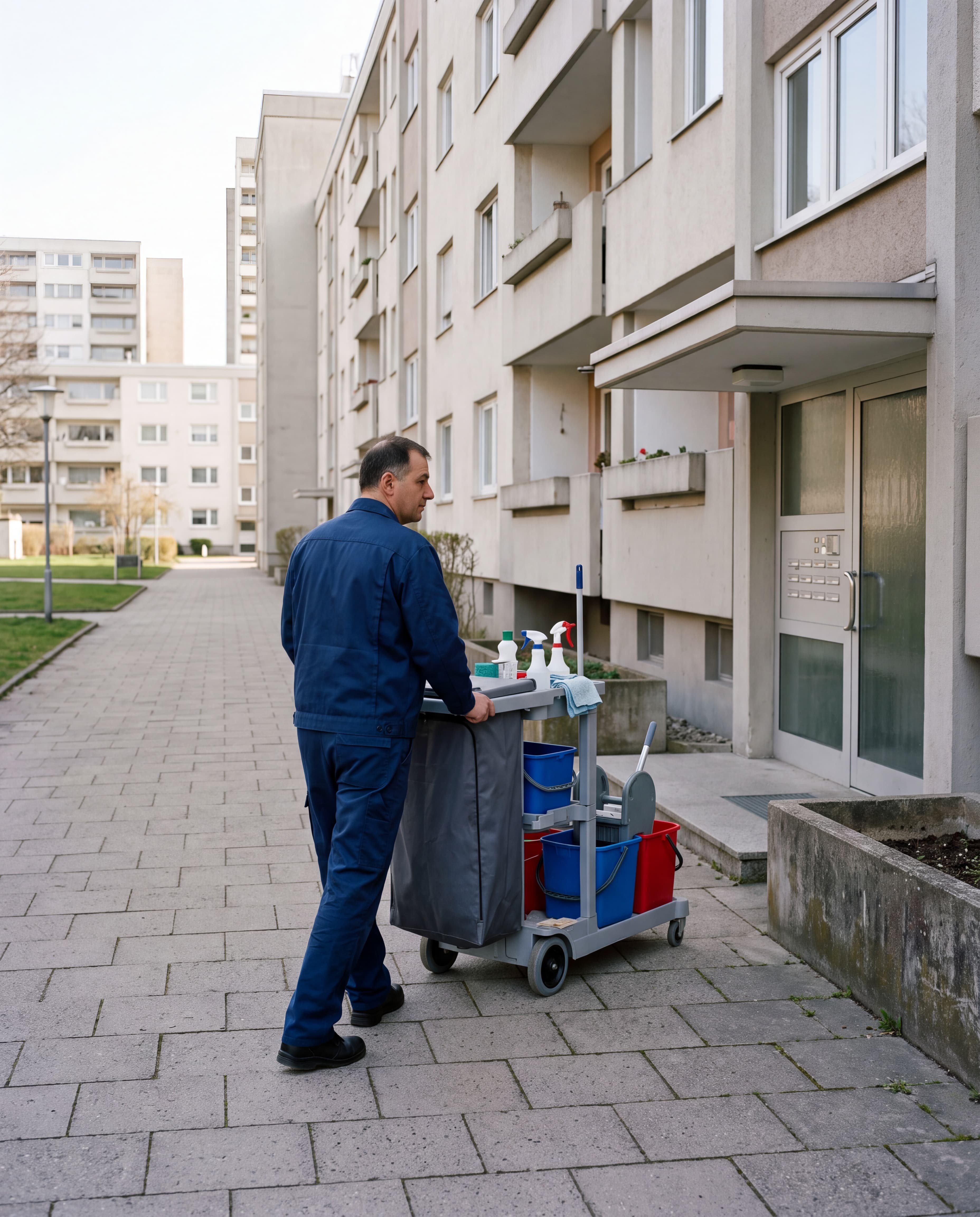 Ein Mann in blauer Arbeitskleidung schiebt einen Reinigungswagen mit Eimern vor einem Wohngebaeude