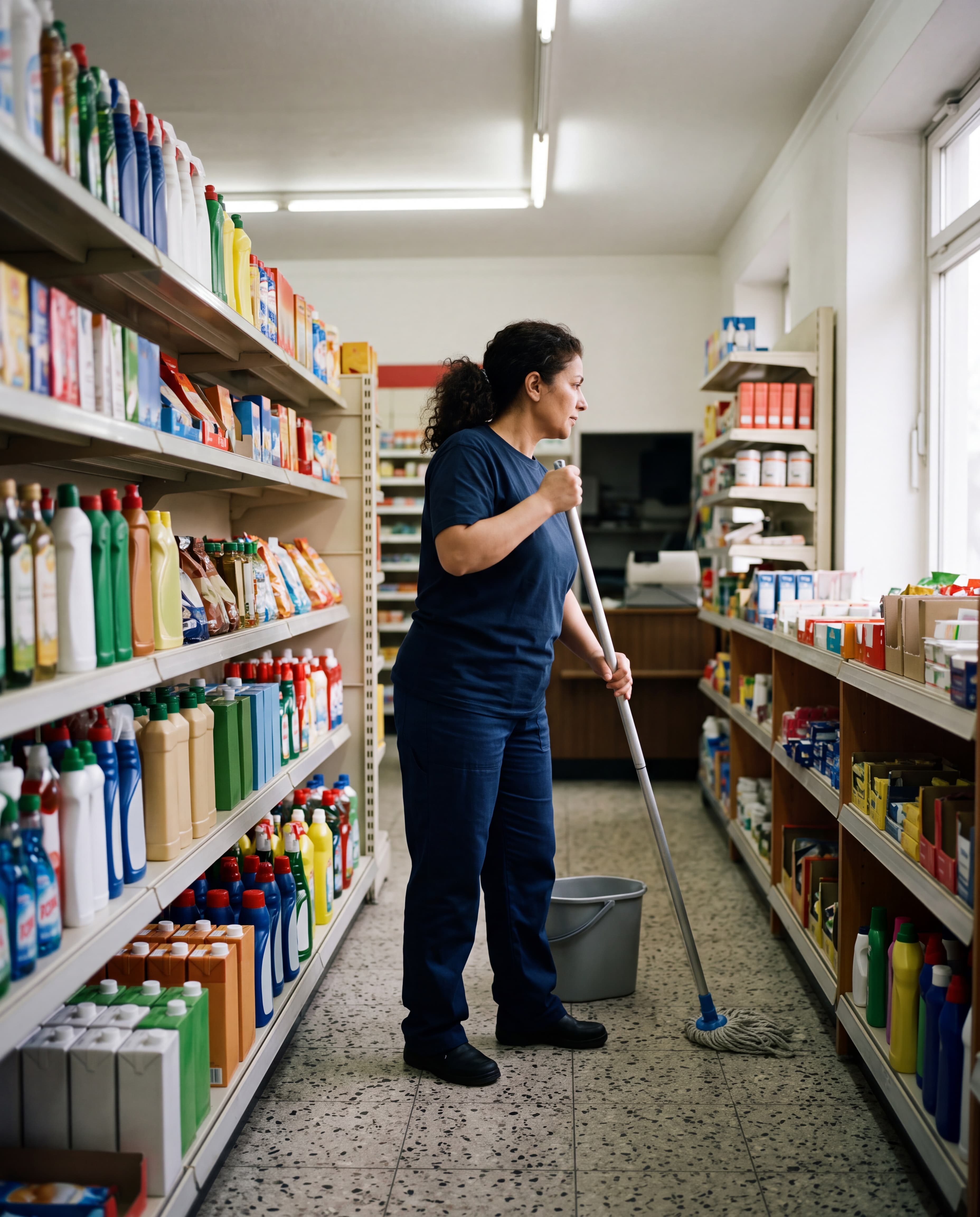 Eine Frau wischt in einem Supermarktgang mit einem Mop den Boden neben Regalen voller Flaschen