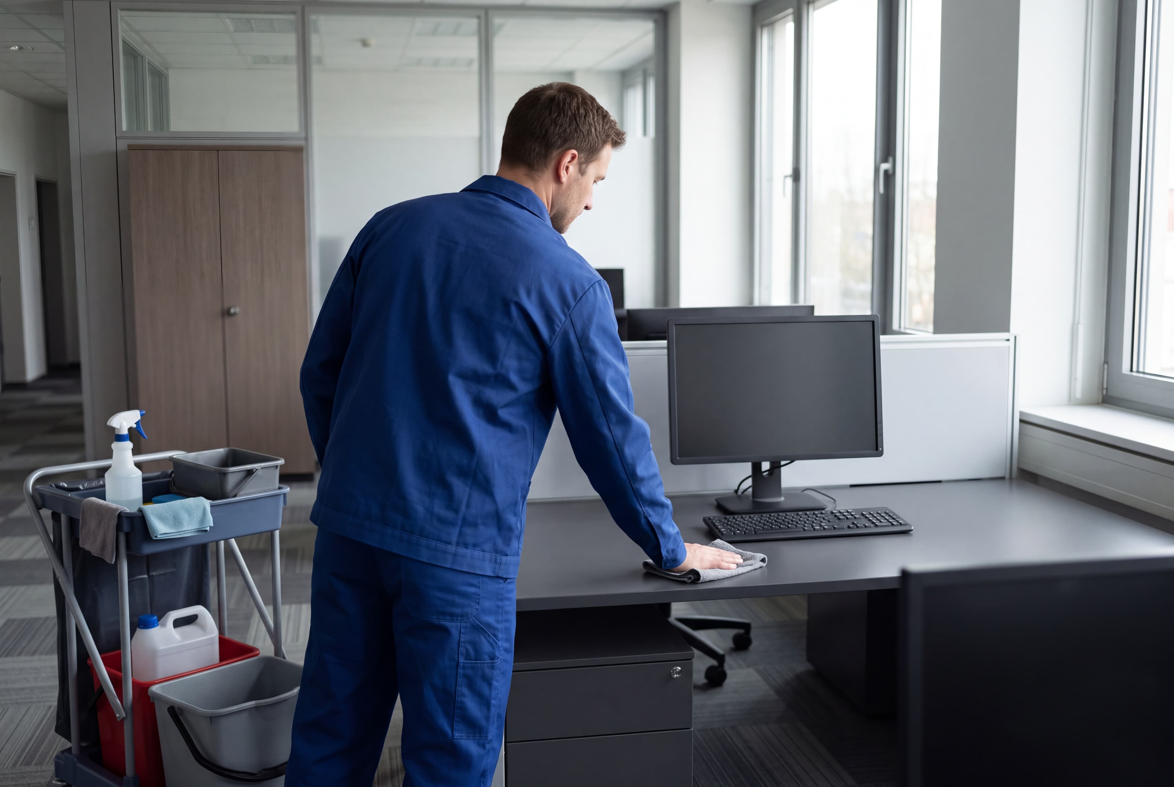 Ein Mann in blauer Arbeitskleidung wischt einen Schreibtisch mit Monitor in einem Buero neben einem Reinigungswagen