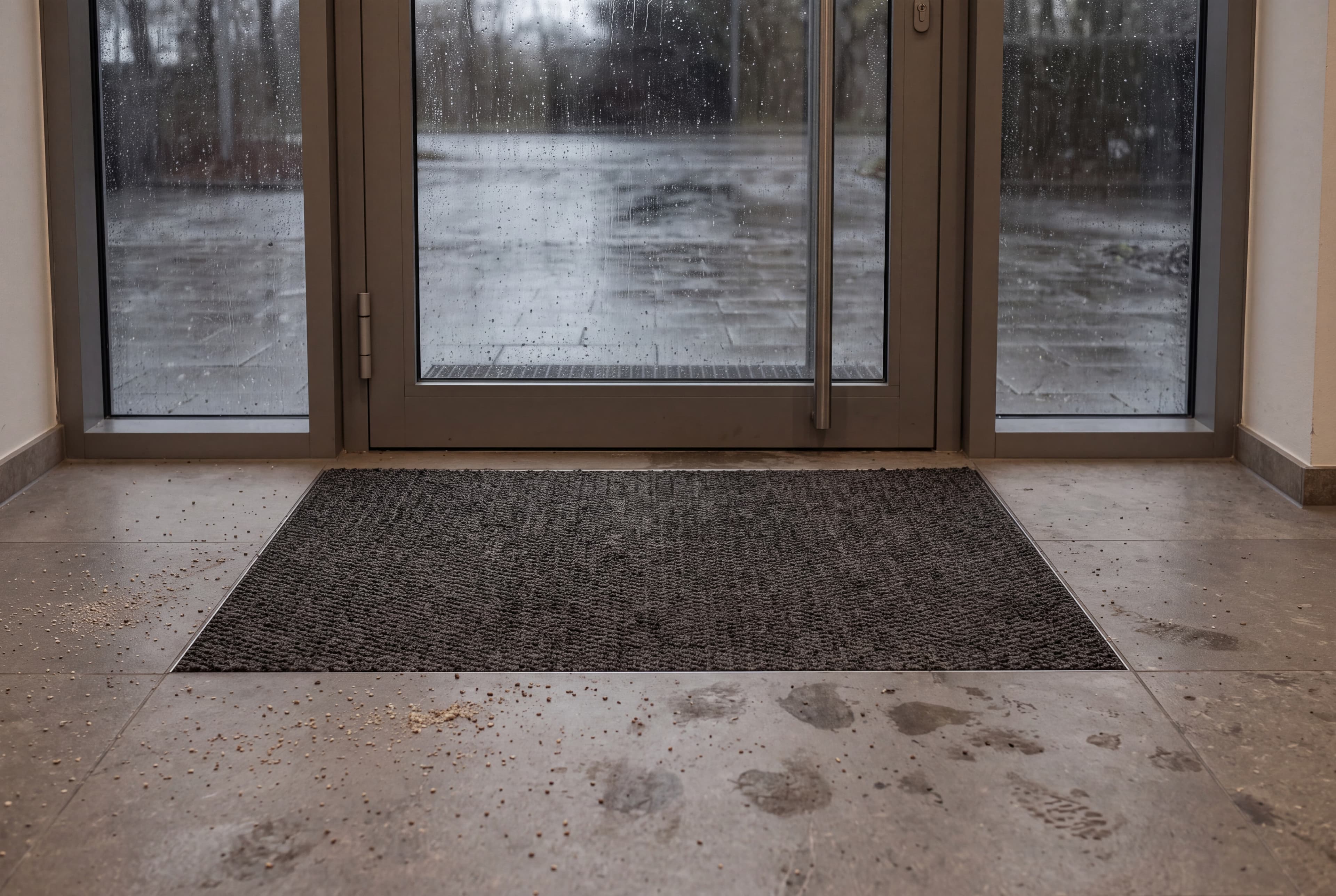 Eingangsbereich von innen: vor der Glastür eine dunkle Sauberlaufmatte, auf dem Steinboden davor helle Splitkörner und feuchte Spuren