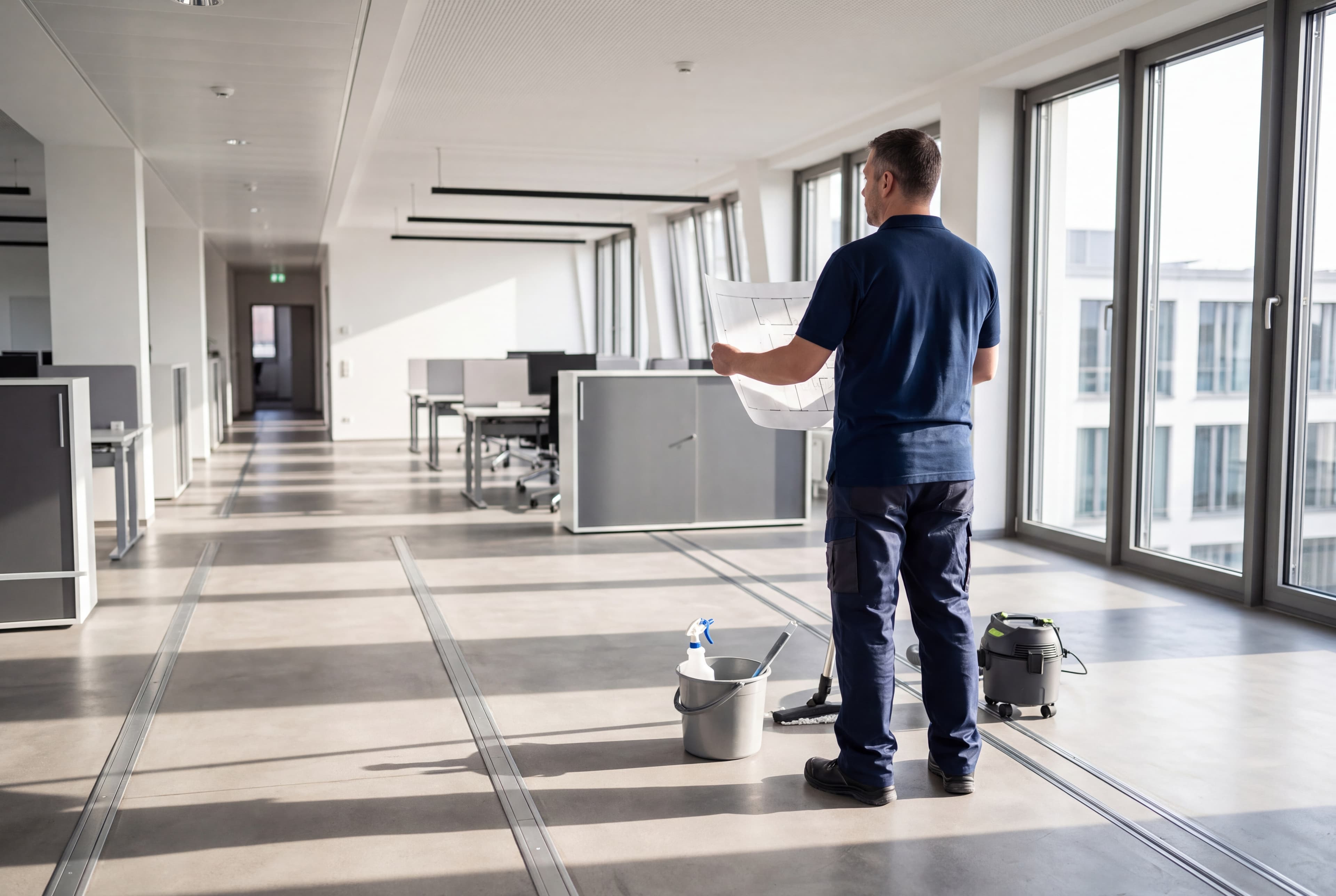 In einem hellen Buero steht ein Mann in Arbeitskleidung und betrachtet einen Papierplan neben Reinigungsgeraeten