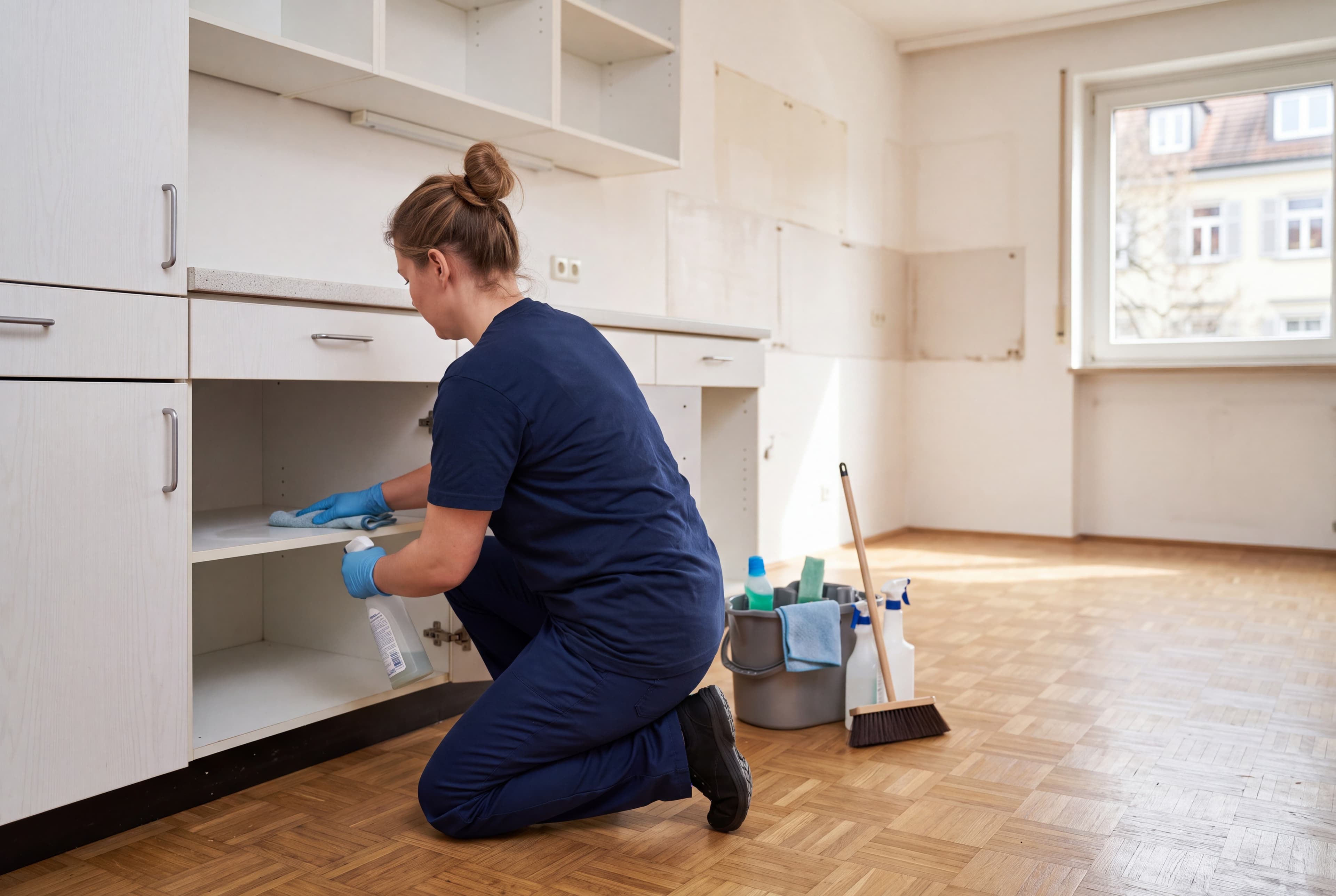 Eine Frau kniet in einer Kueche und wischt einen weissen Schrank neben Putzutensilien ab