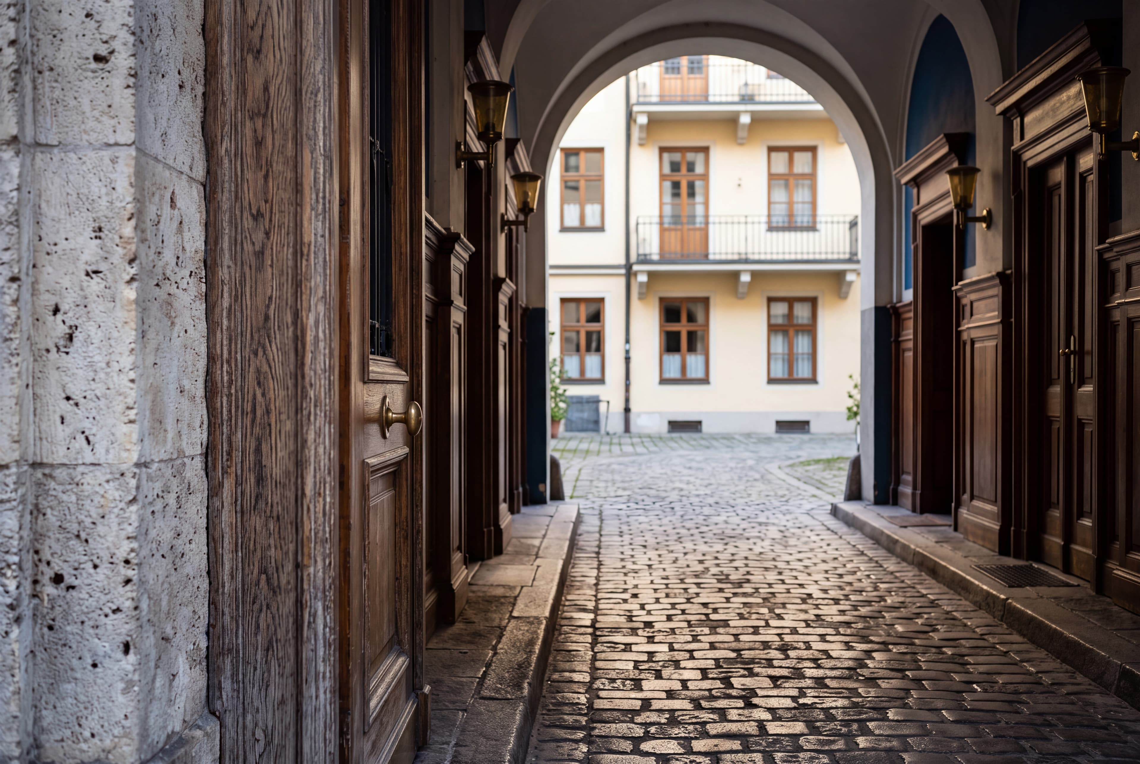 Hofdurchgang mit feuchtem Kopfsteinpflaster, der Torbogen rahmt eine helle Fassade