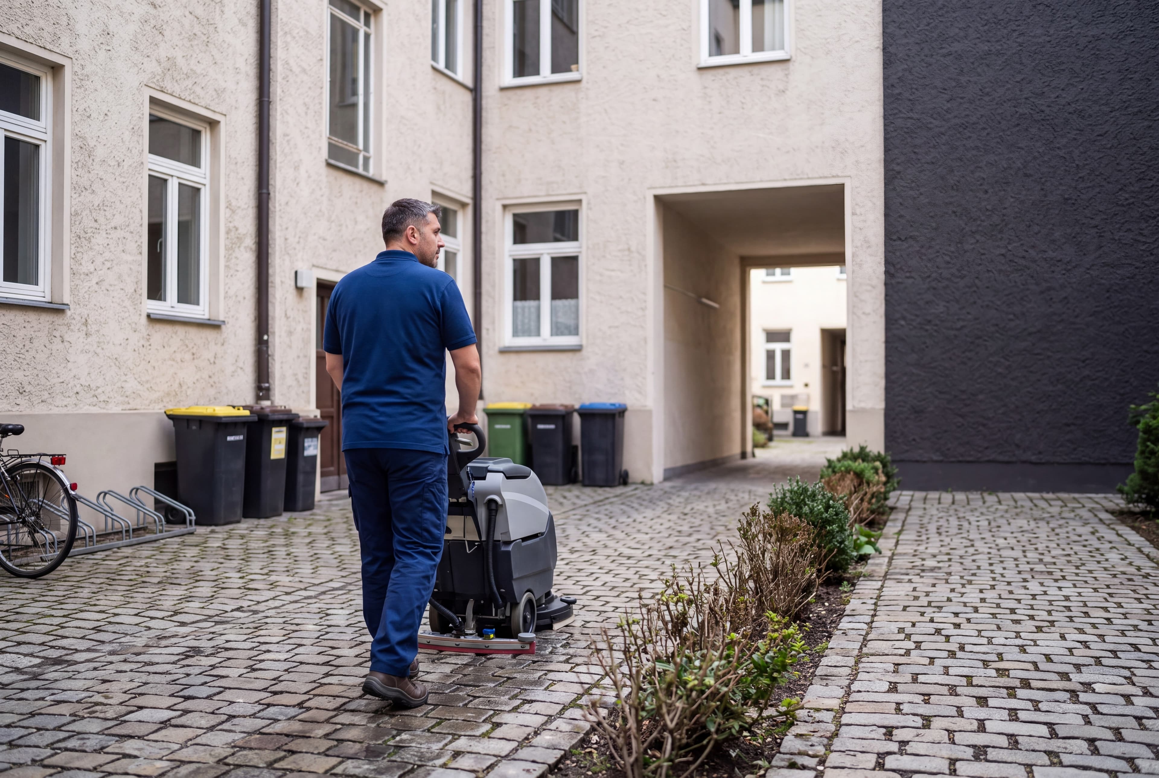 In einem Innenhof schiebt ein Mann eine Reinigungsmaschine vorbei an Muelltonnen und einem Fahrrad