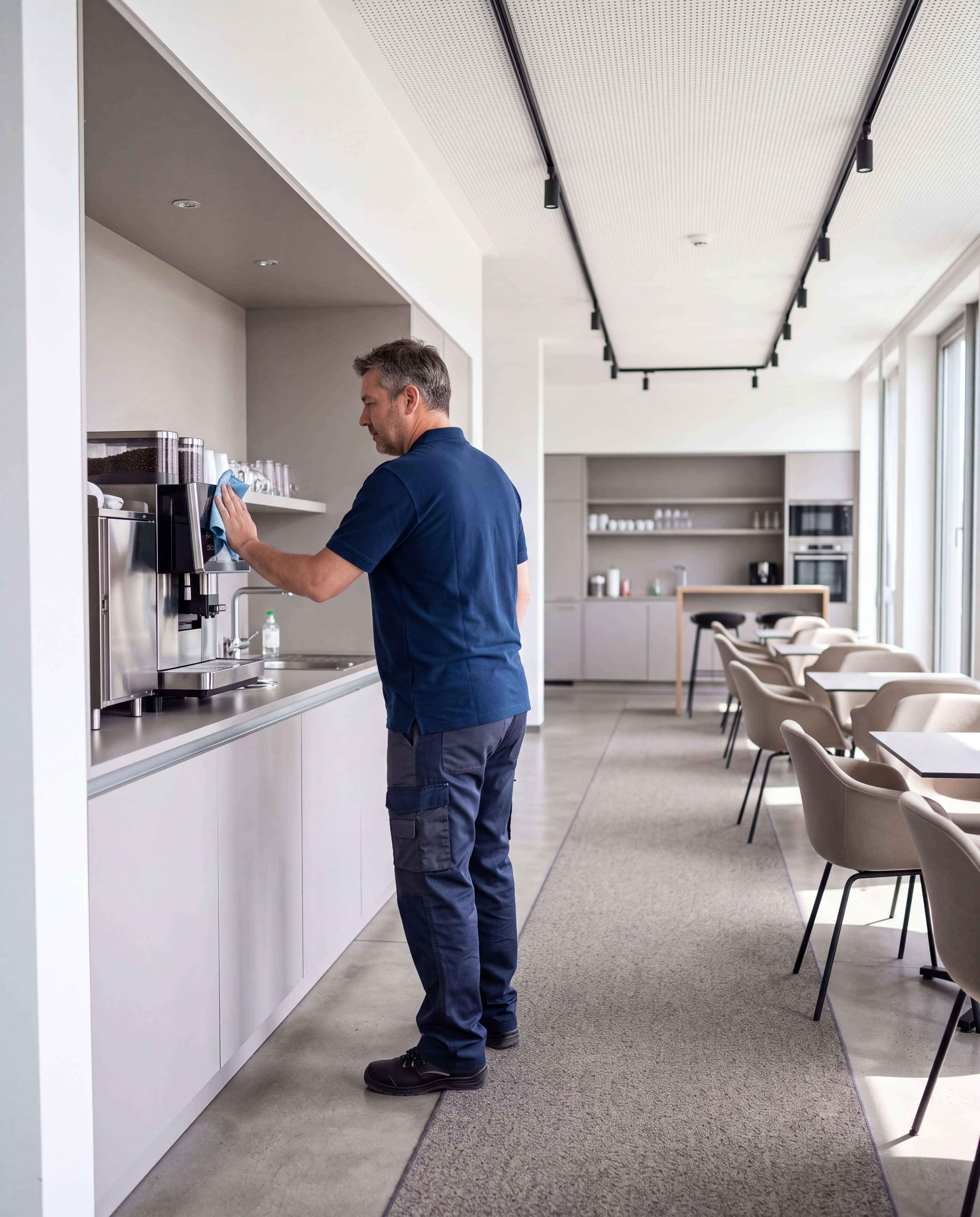 Ein Mann reinigt eine Kaffeemaschine mit einem Tuch in einem Raum mit Tischen und Stuehlen