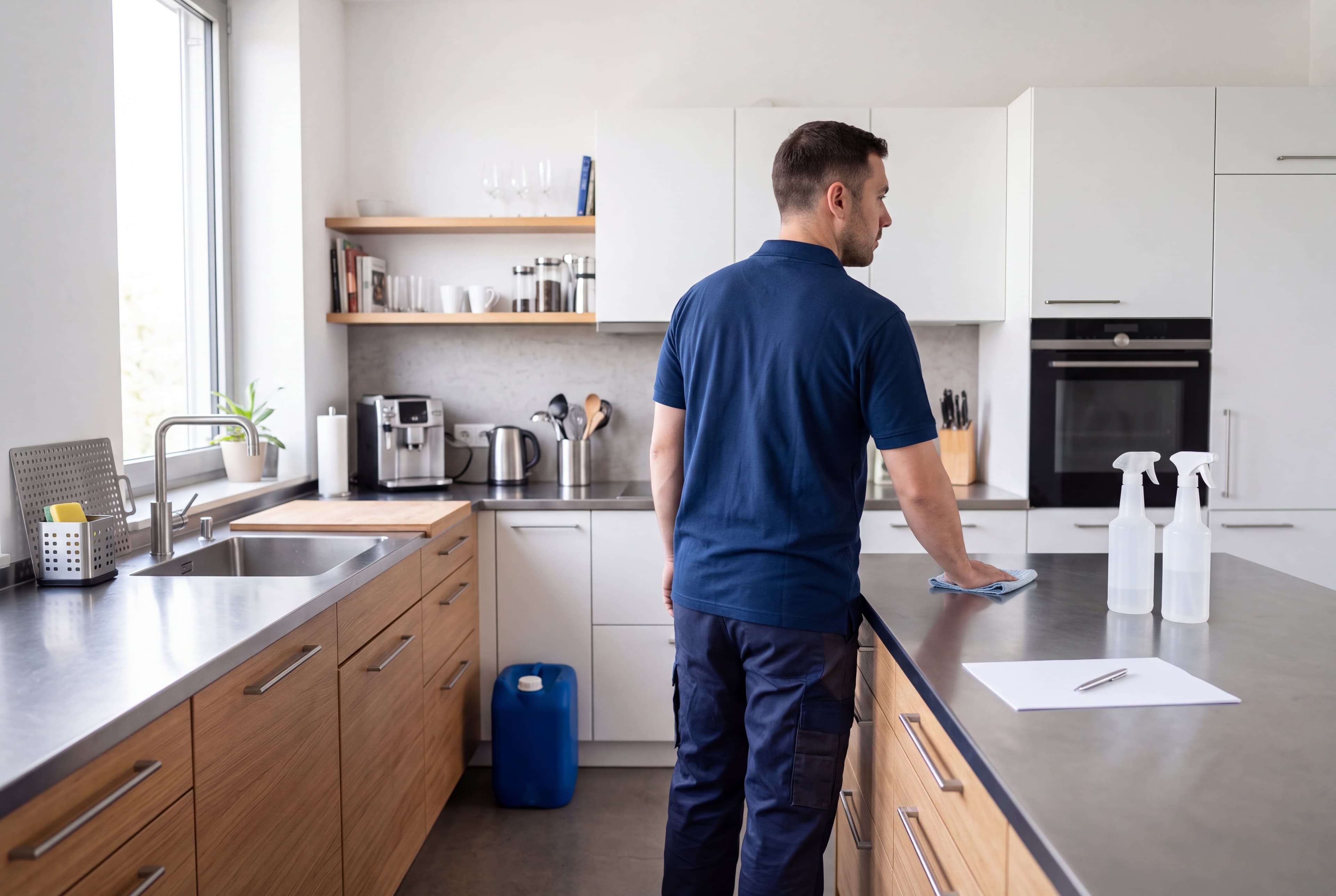 In einer modernen Kueche wischt ein Mann in blauer Kleidung eine Arbeitsplatte mit einem Tuch ab