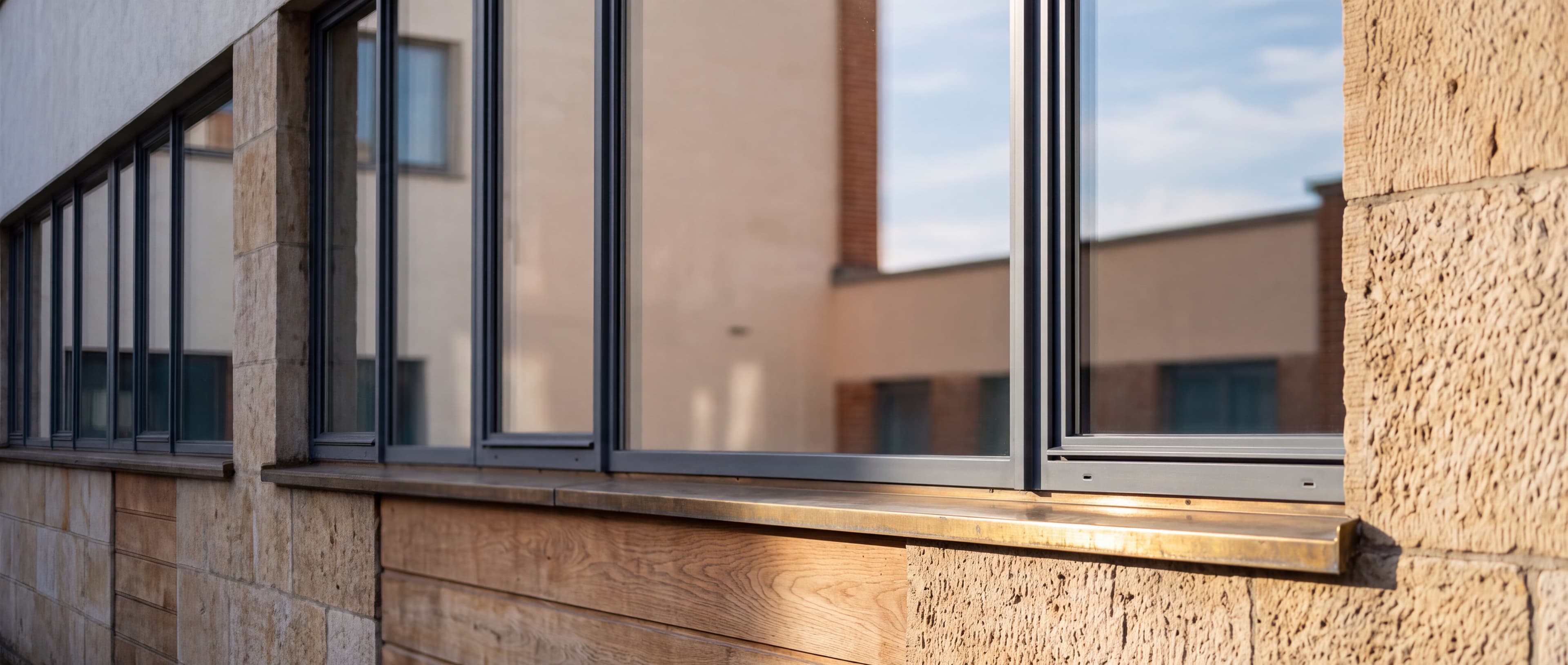 Waagerechtes Fensterband einer hellen Fassade, in den Scheiben spiegelt sich die gegenüberliegende Hauswand