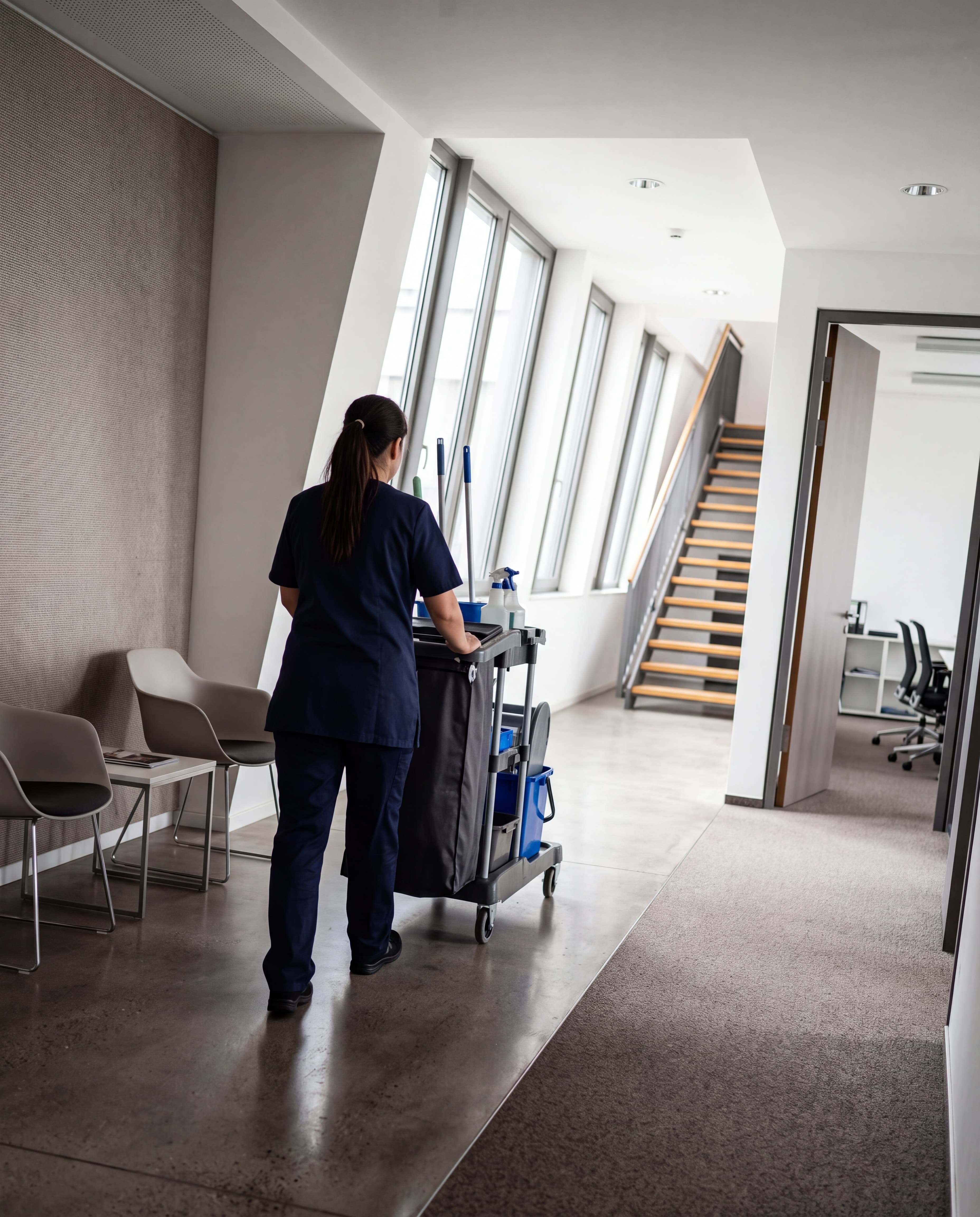 Eine Frau in dunkler Arbeitskleidung schiebt einen Reinigungswagen durch einen hellen Flur mit Stuehlen und Treppe