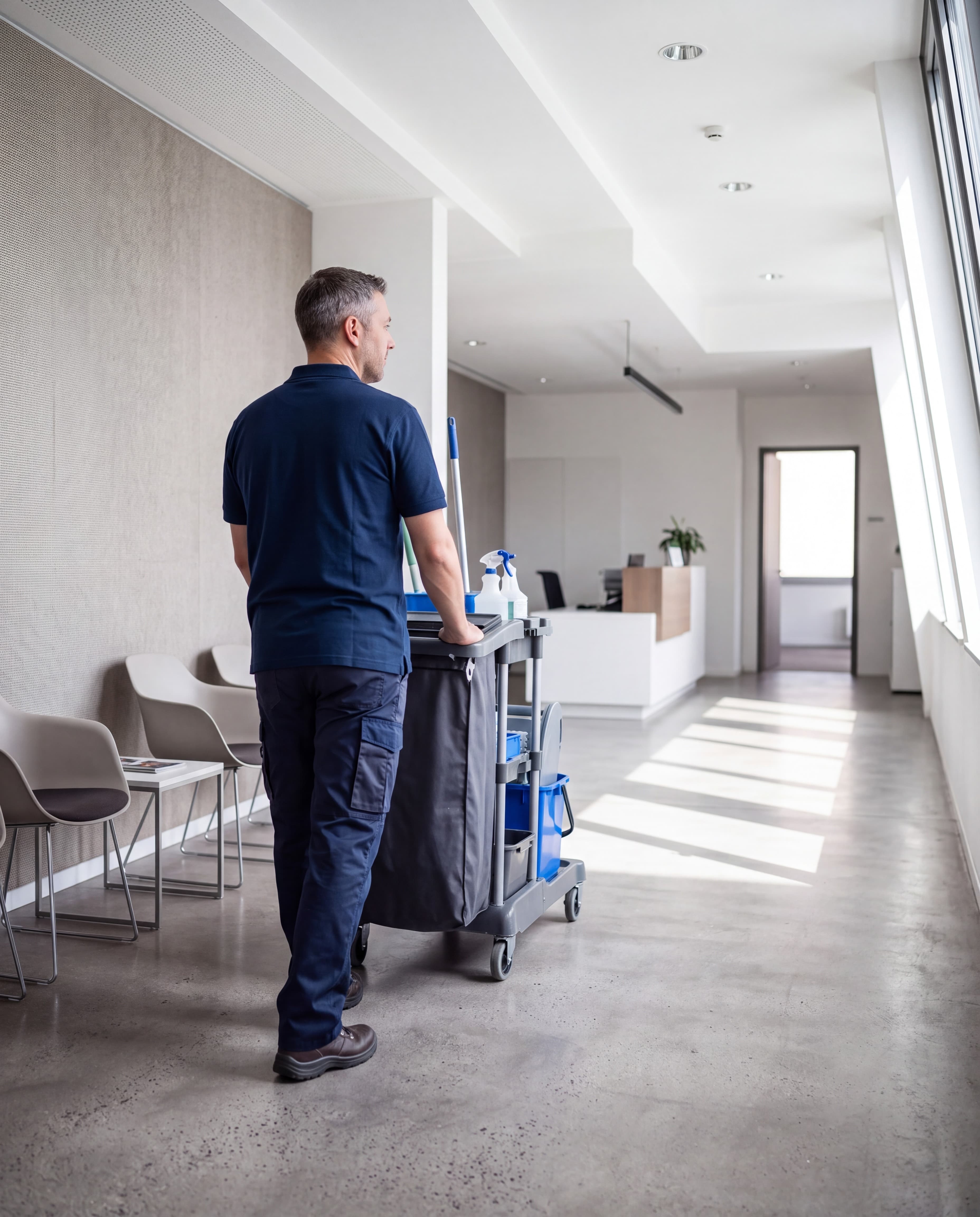 In einem Bueroflur schiebt ein Mann einen Reinigungswagen an Stuehlen vorbei