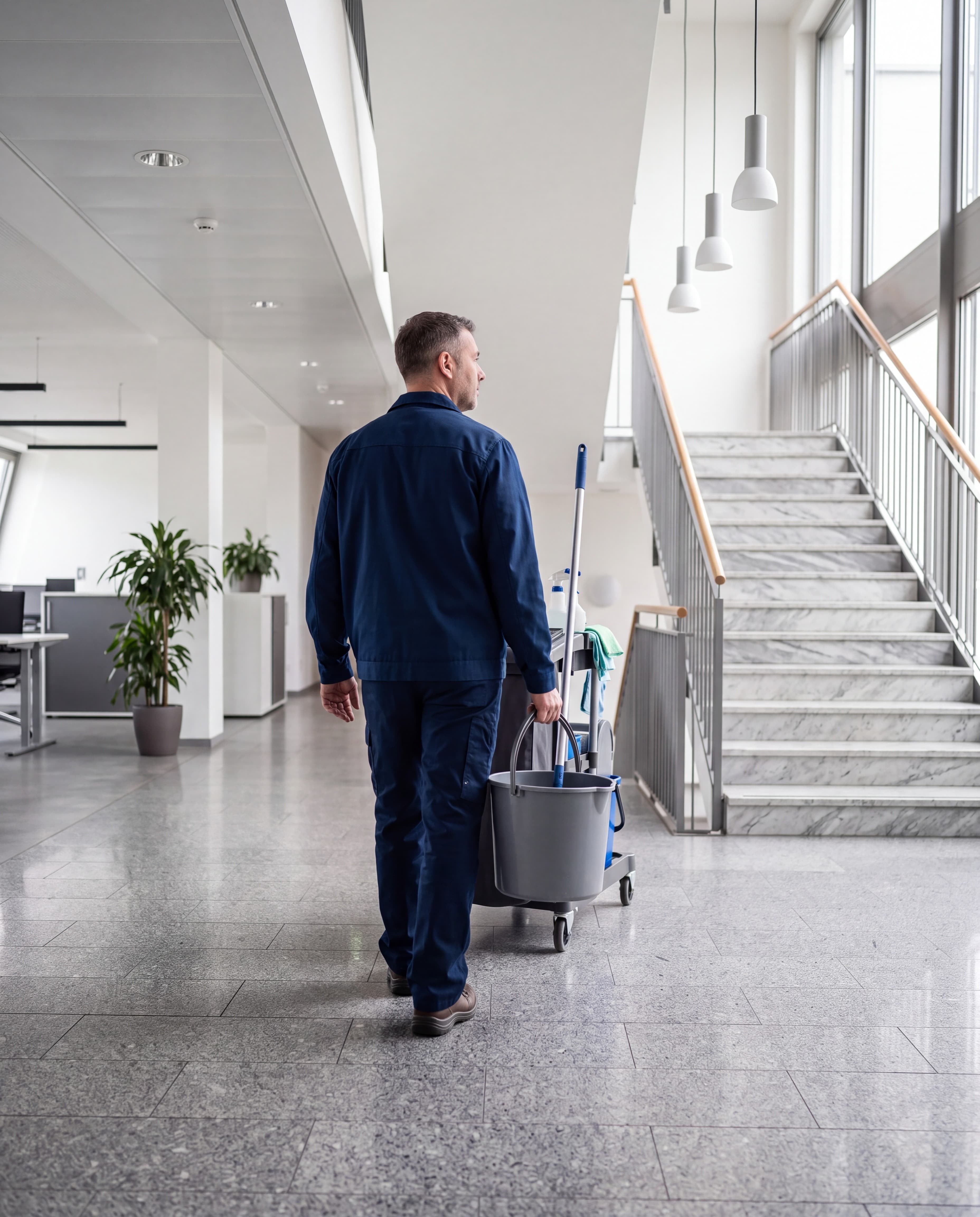 Ein Mann in blauer Kleidung schiebt einen Reinigungswagen mit Eimer neben einer Treppe in einem Gebaeude