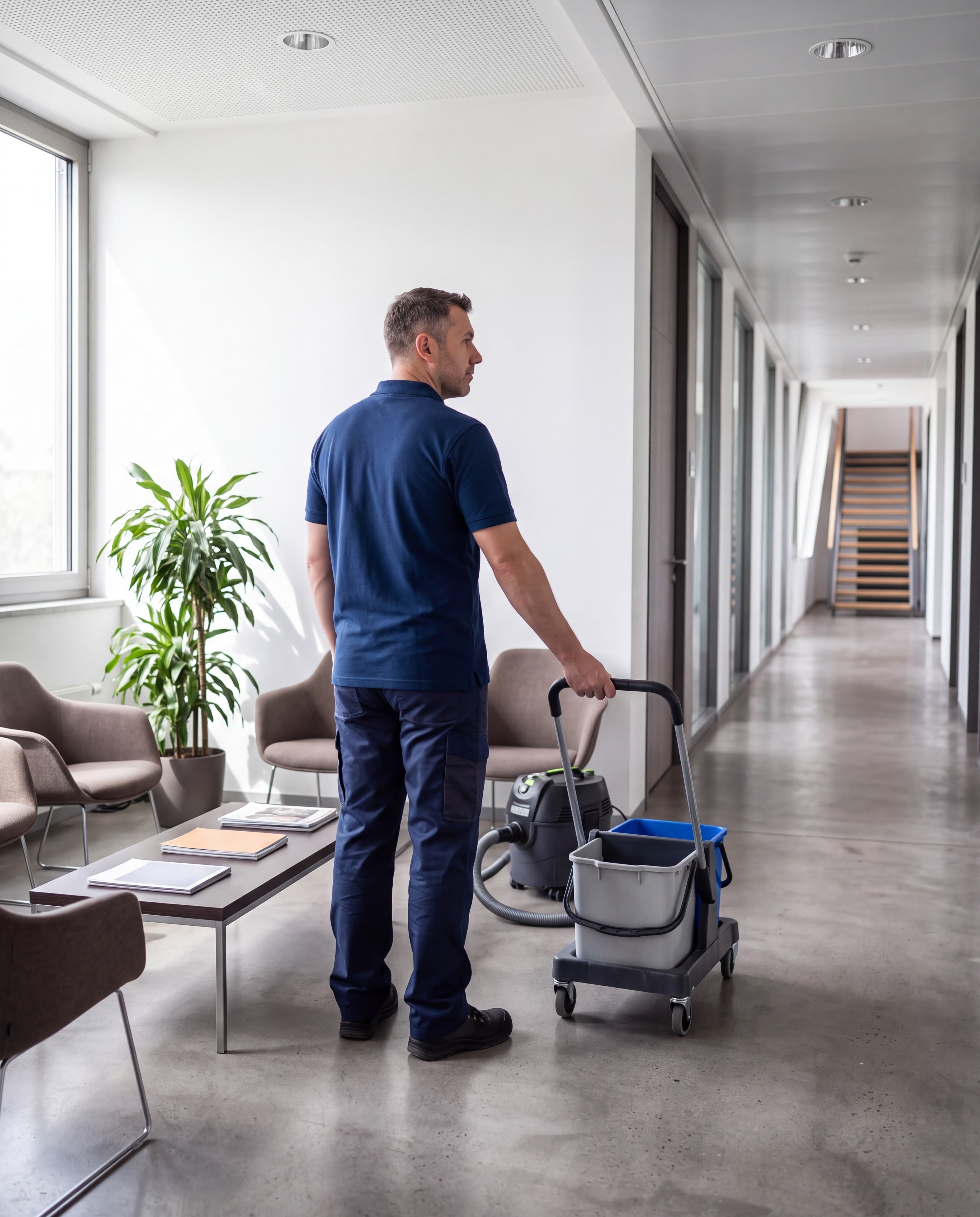 In einem Flur steht ein Mann in blauer Kleidung mit einem Reinigungswagen und einem Staubsauger