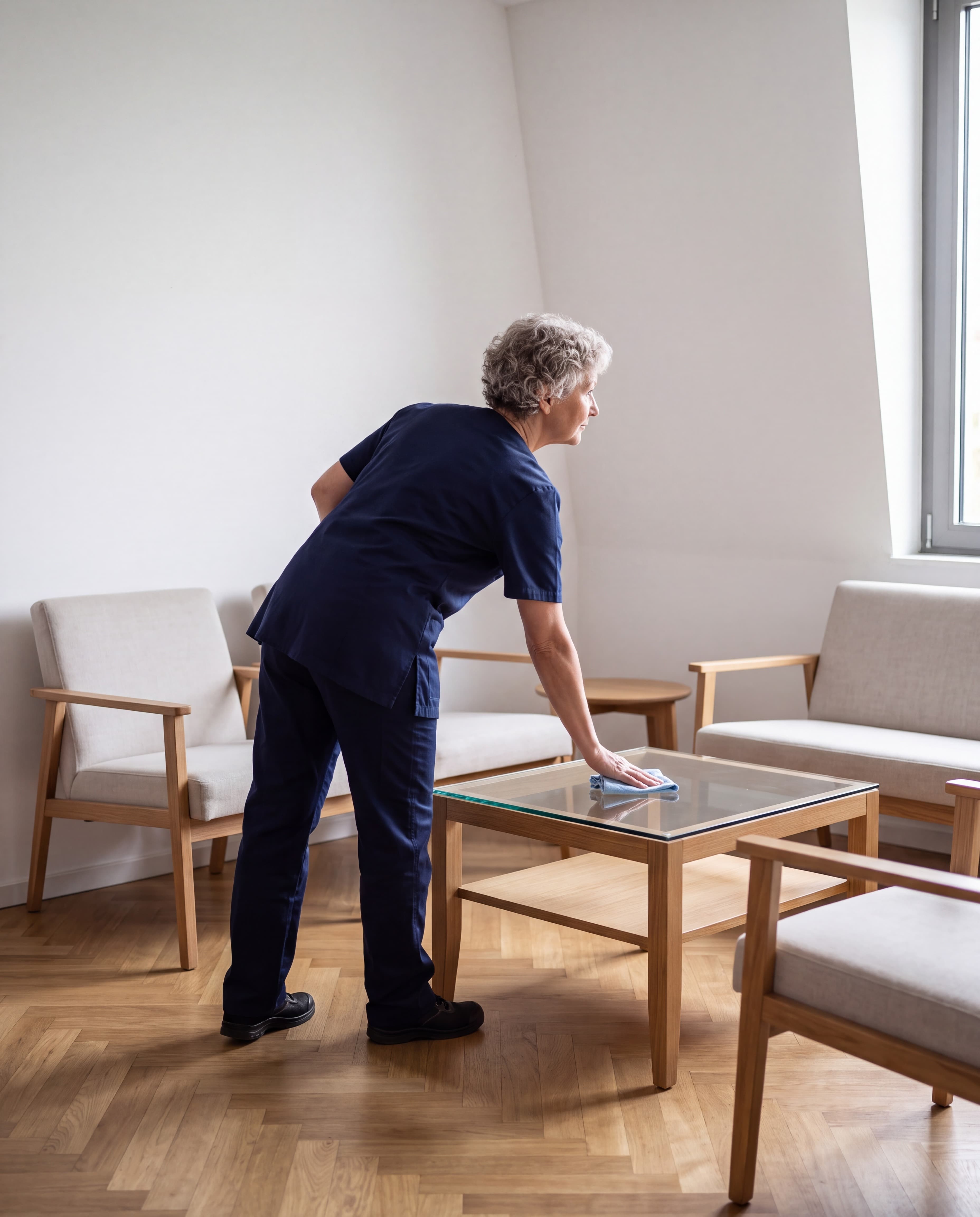 Eine Frau in blauer Kleidung wischt in einem Raum einen Glastisch neben mehreren Sesseln ab